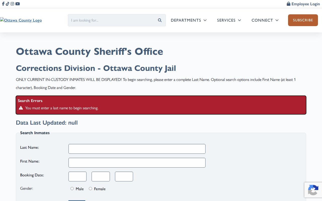 Holland Township resident lookup showing the Ottawa County current-inmate search form