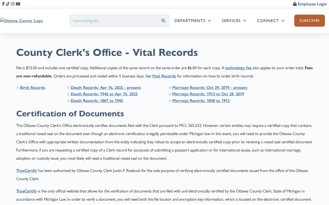 Holland Township residents directory Ottawa County vital records application